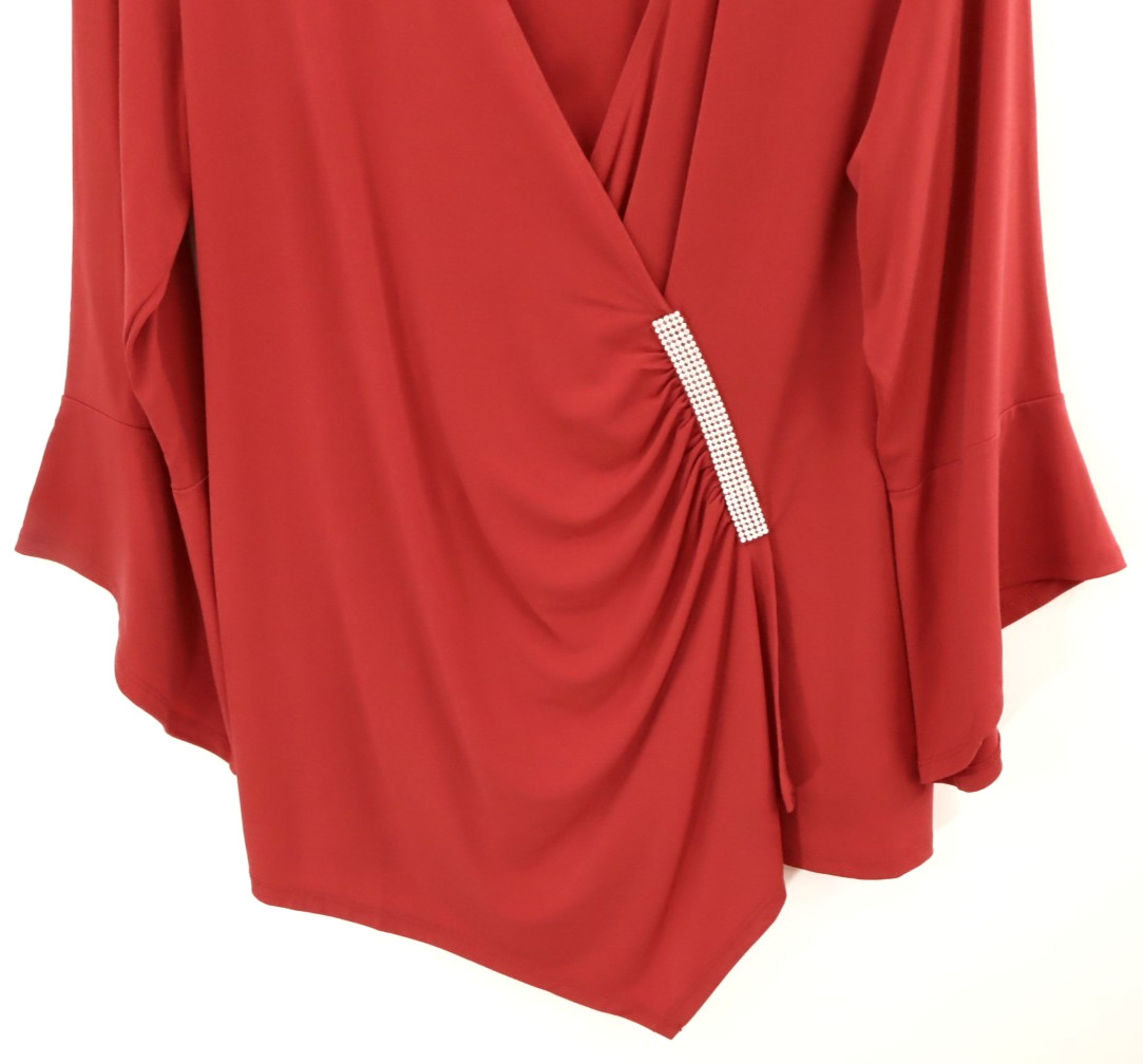NEW JM COLLECTION Women’s Stretch Polyester Blouse Bead 3/4 Sleeve Deep Red 1X