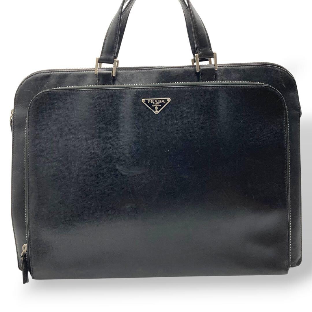 Prada Saffiano Leather Black Briefcase Business Bag Triangle Logo Auth
