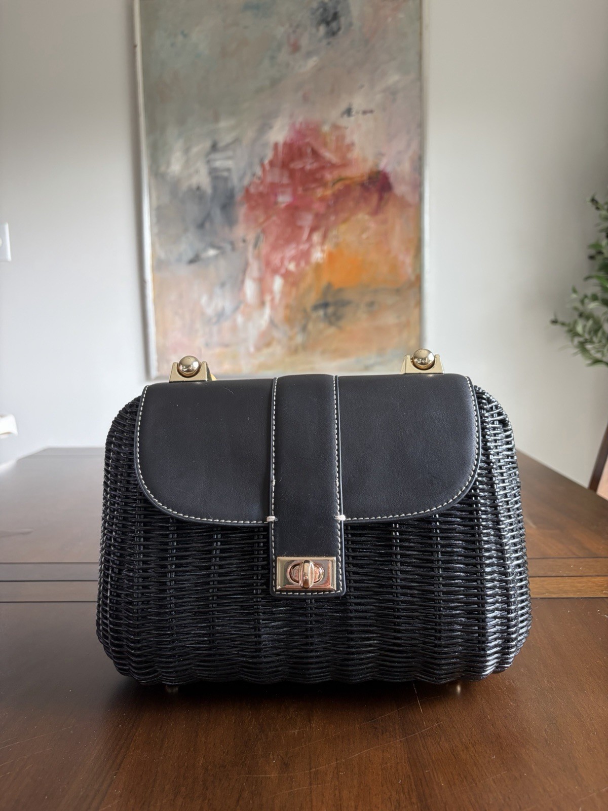J.McLaughlin Black Satchel Top Handle Bamboo Handle Turn Lock + Dust Bag