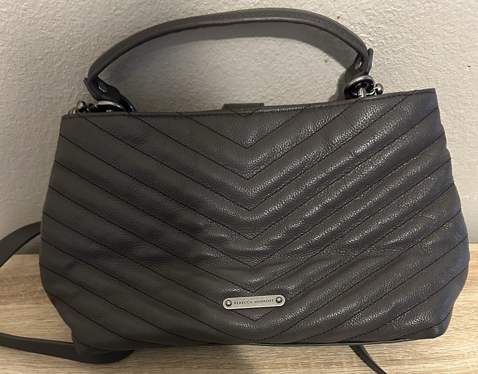 Rebecca Minkoff Dark Gray Quilted Chevron Satchel Top Handle Chain Strap, Medium