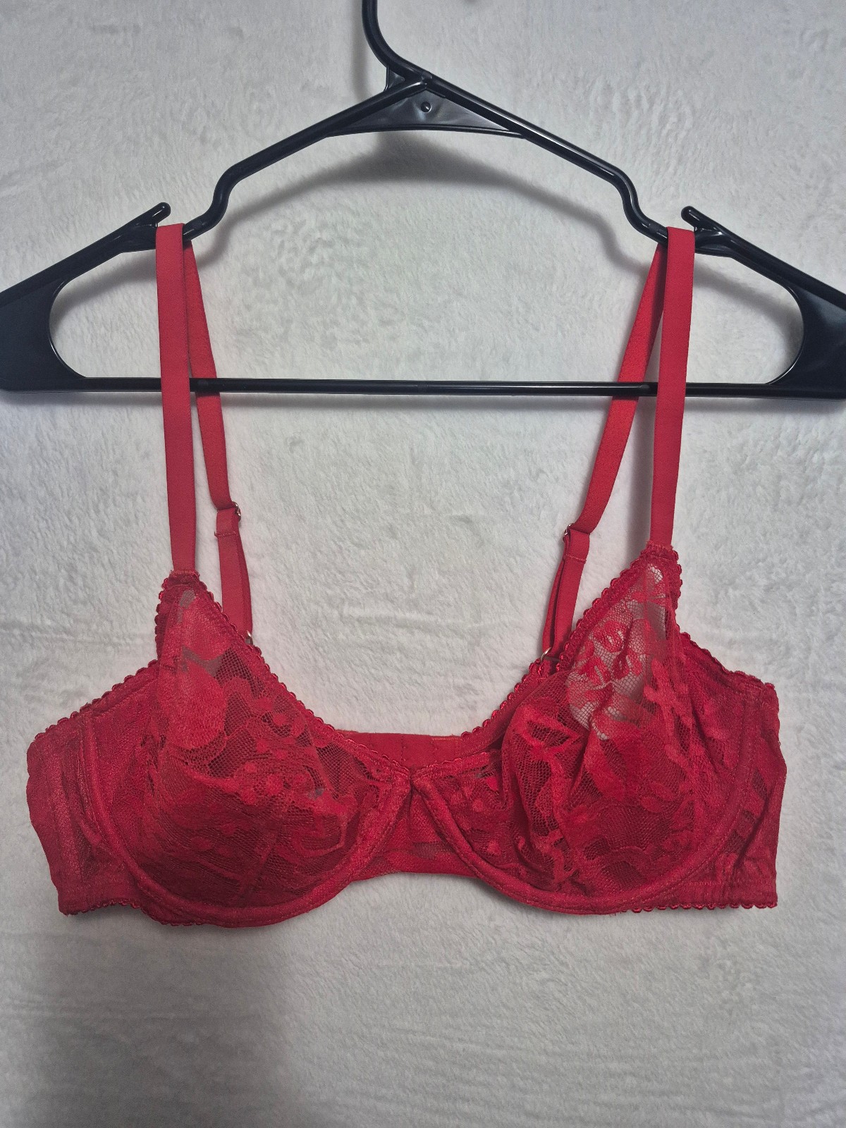 Savage X Fenty Red Lace Bra Size 36C Half Padded, Wired, Sheer Mesh Sexy