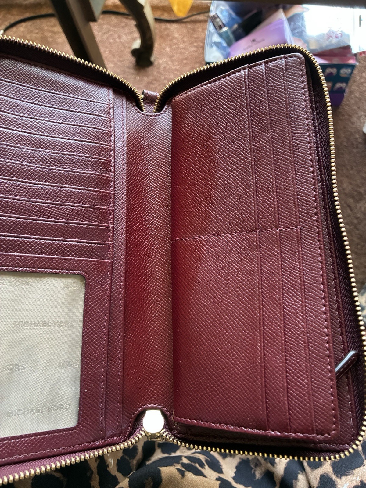 Michael Kors Burgundy Zip-Around Wristlet Wallet Gold Tone Detachable Strap Logo