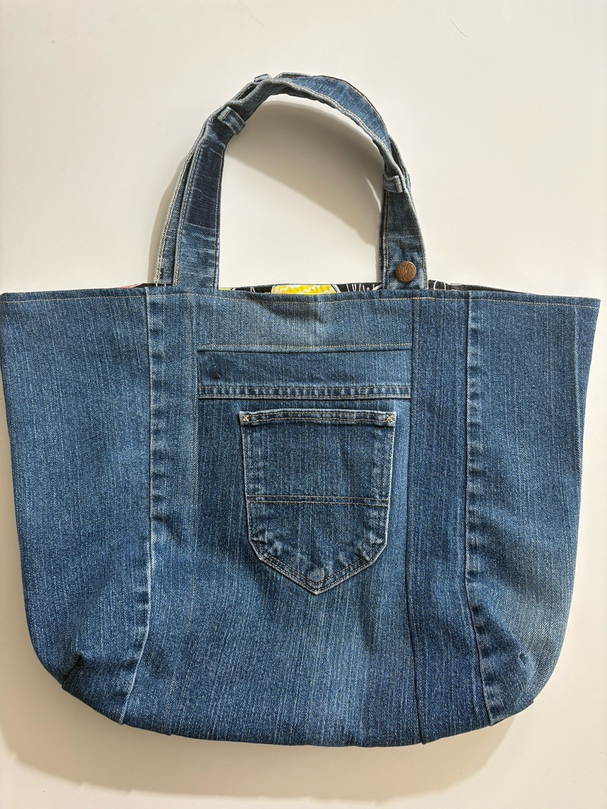 Handmade Upcycled Blue Denim Tote Bag Fully Lined With Teacher Cotton 19×14.5in