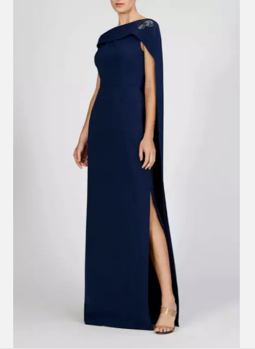 Kay Unger Alexandria Cape Sleeve Gown Dress $388 Dark Midnight