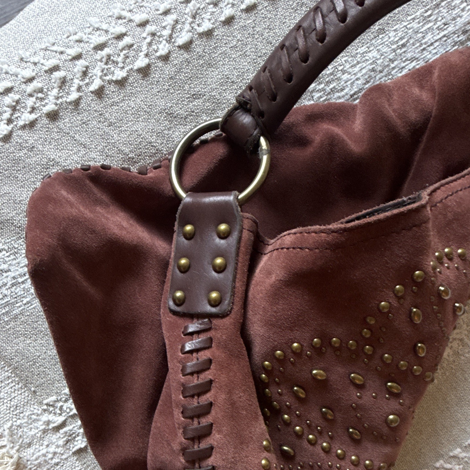 Lucky Brand Brown Floral Studded Whipstitch Shoulder Bag, Zip, Brass HW