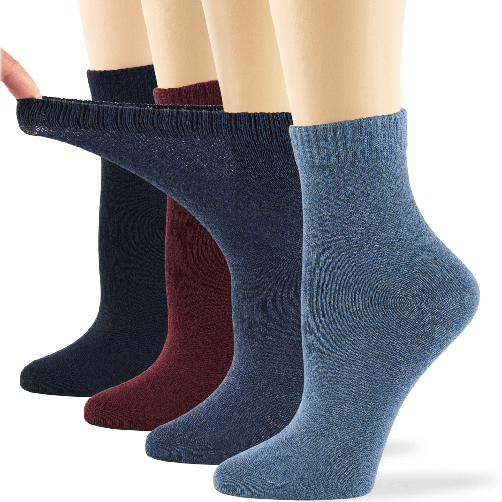 Women Quarter Bamboo Diabetic Socks L-M 4 Pack White Black Blue Brown Beige Gray