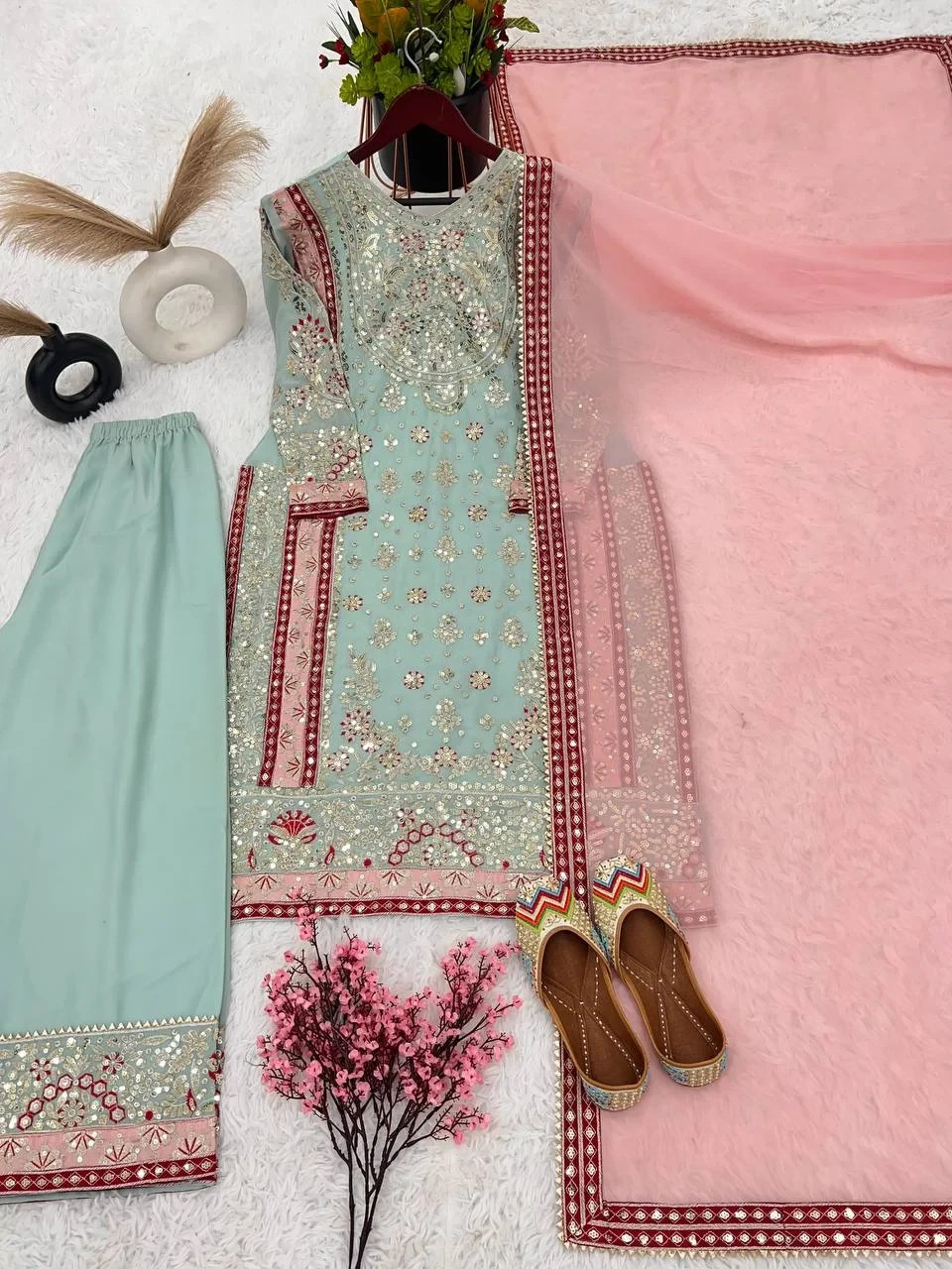 Pakistani Sea Green & Pink Embroidered Suit set Ready to wear for Festivals