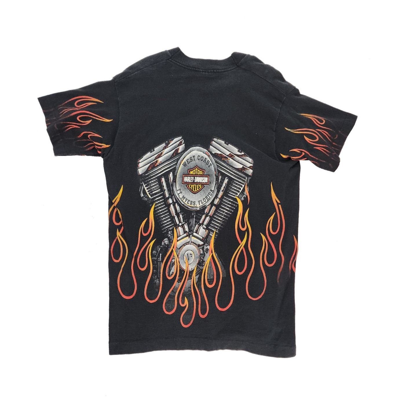 Vintage Y2K Harley Davidson V8 Flame Graphic Tee Rockstar Cut Front & Back