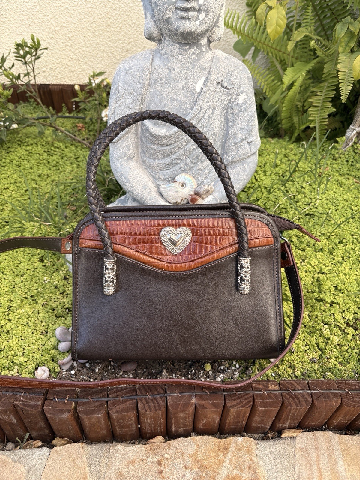 Brighton Brown Satchel Top Handle Bag Heart Accent Zip Lined Inner Pockets