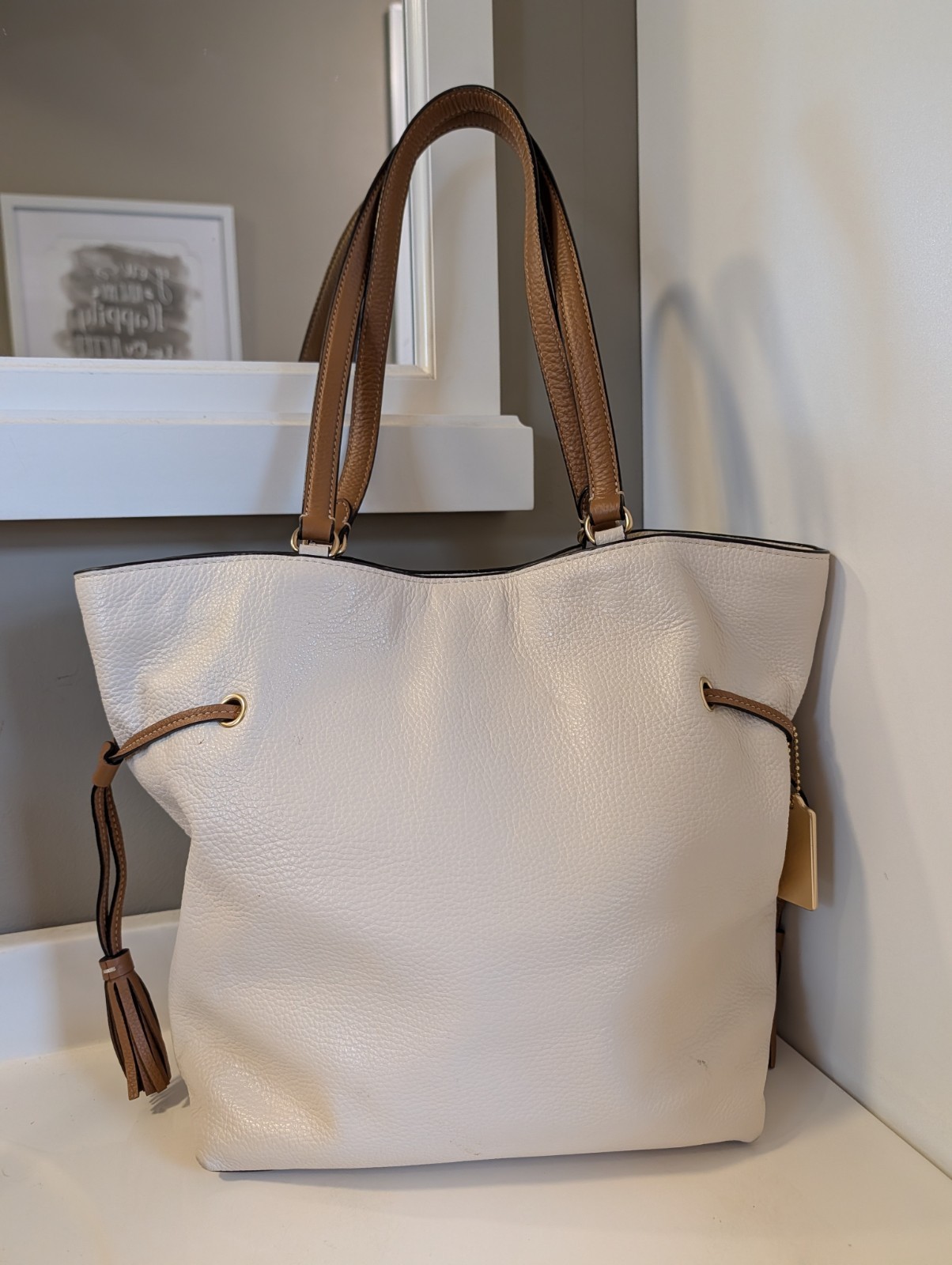 Coach Andy Tote CA165 Horse and Carriage Chalk Pebble Leather Shoulder Tote