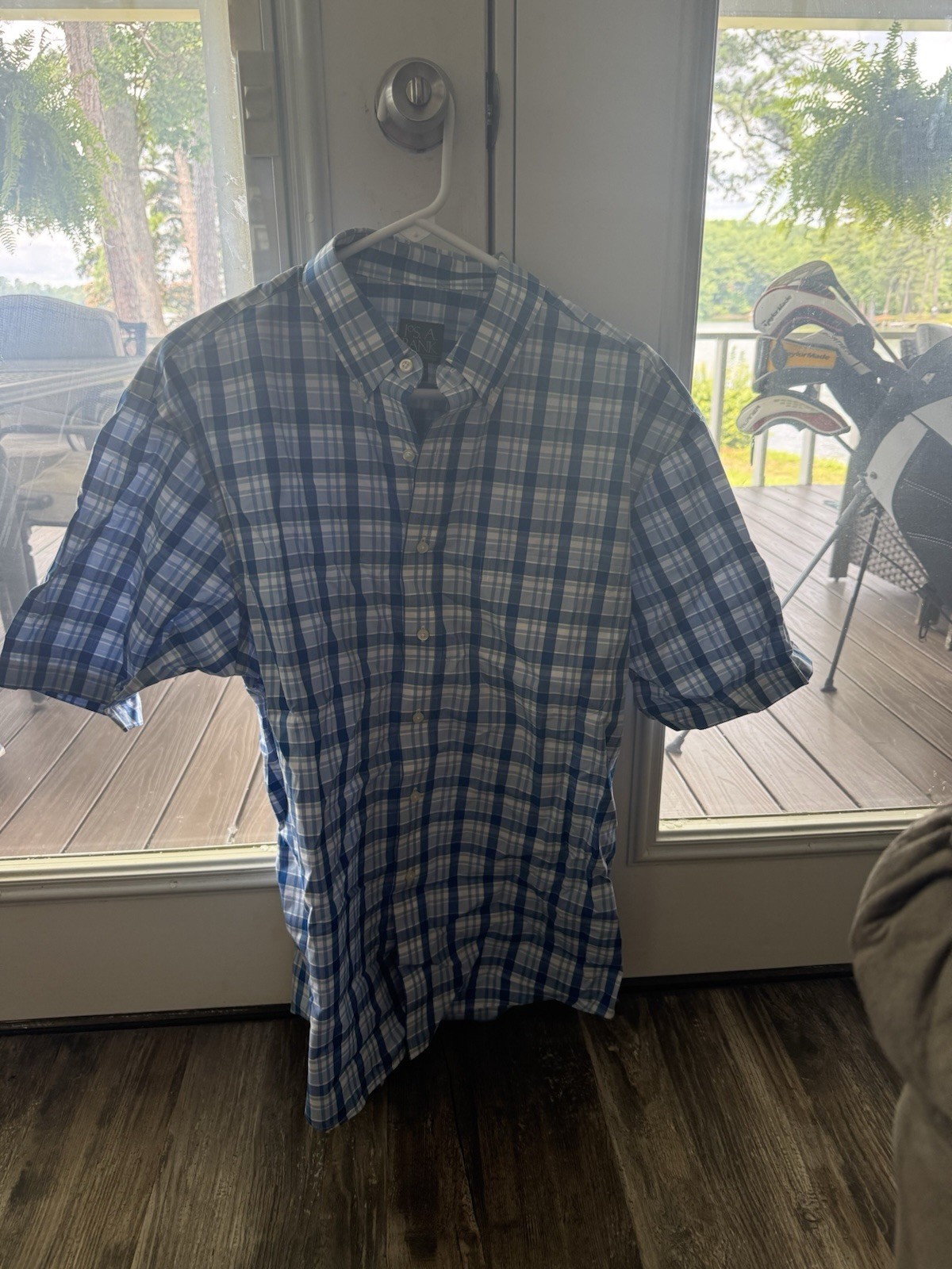 Jos. A. Bank Traveler’s Collection Men’s L Blue/White Plaid Button-Down SS Shirt