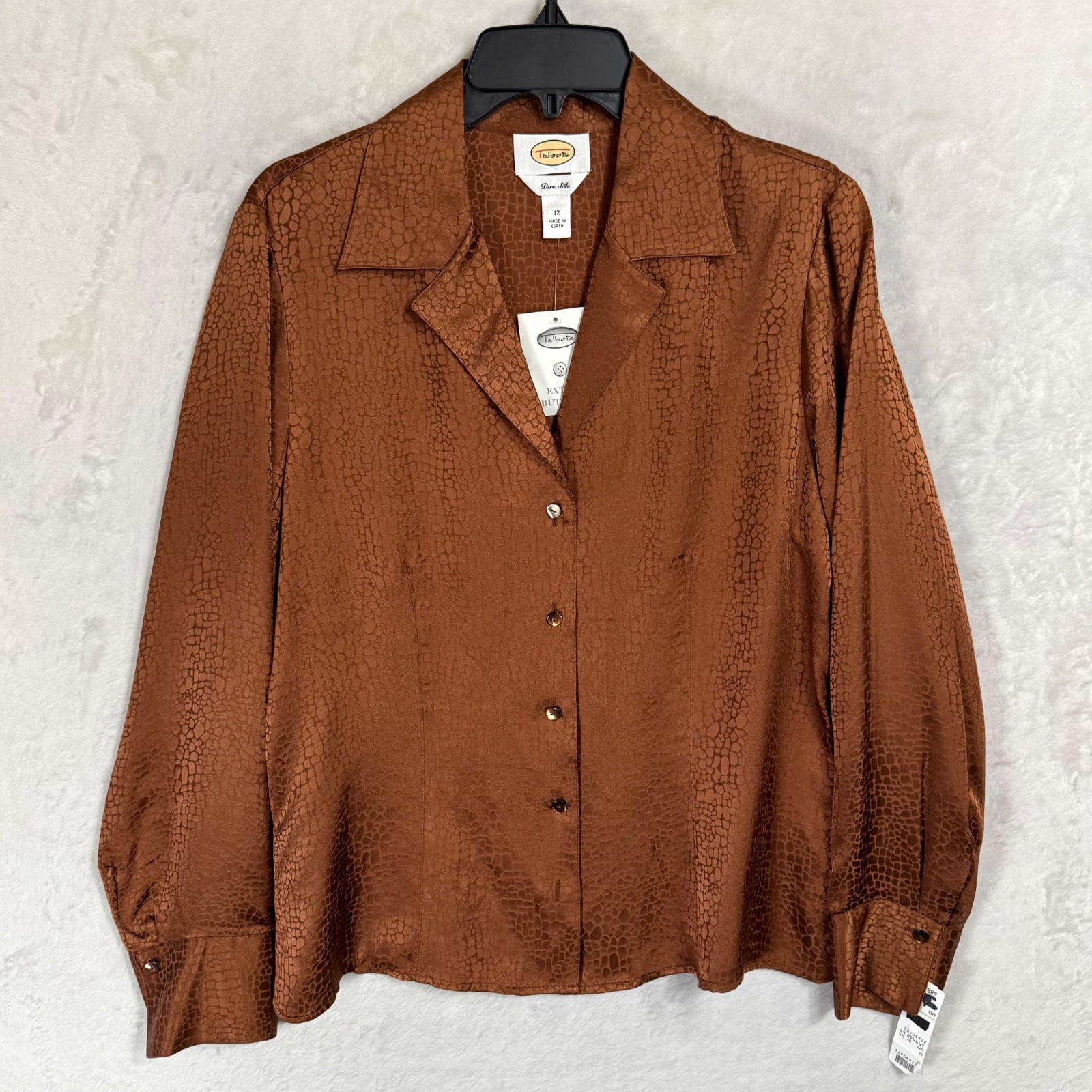 NWT Vintage Talbots 100% Silk Blouse Bronze Copper Top Sz 12 Career Monochrome