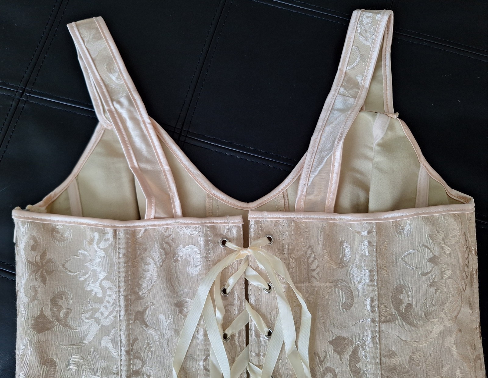 NEW Beige Satin Jacquard Strap Bustier Ribbon Lace up & Zipper Closure Corset L