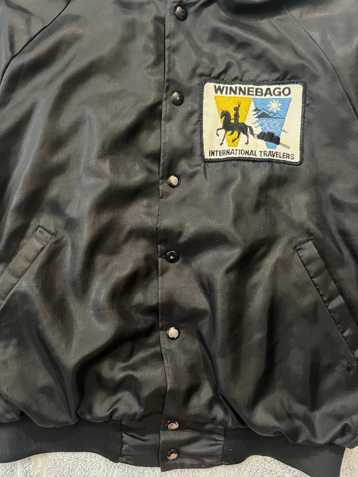VTG Winnebago International Travelers Black Bomber Jacket Snap Front Men’s Small