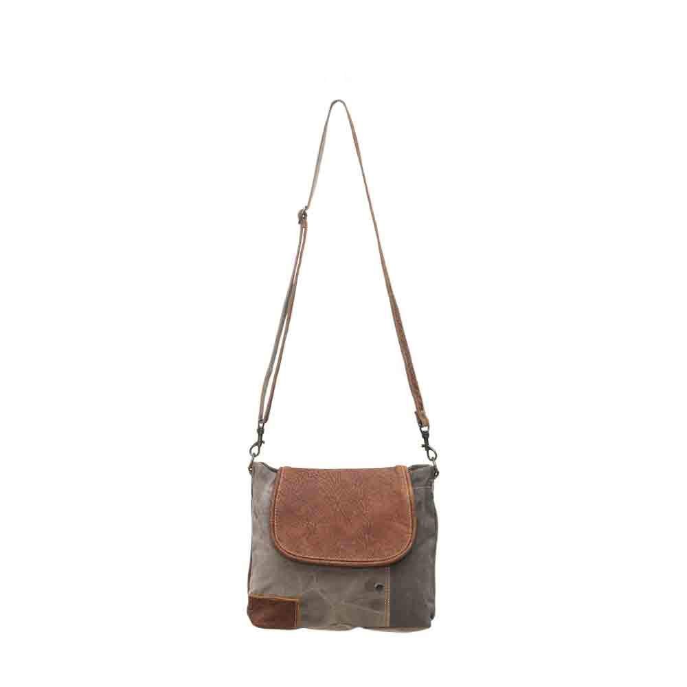 MYRA THE FLAP-OVER UPCYCLED CANVAS AND GENUINE LEATHER CROSSBODY BAG BROWN/GRAY