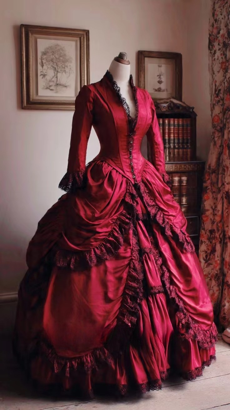 Red Victorian Satin Ball Gown Black Lace Trim Historical Evening Dresses