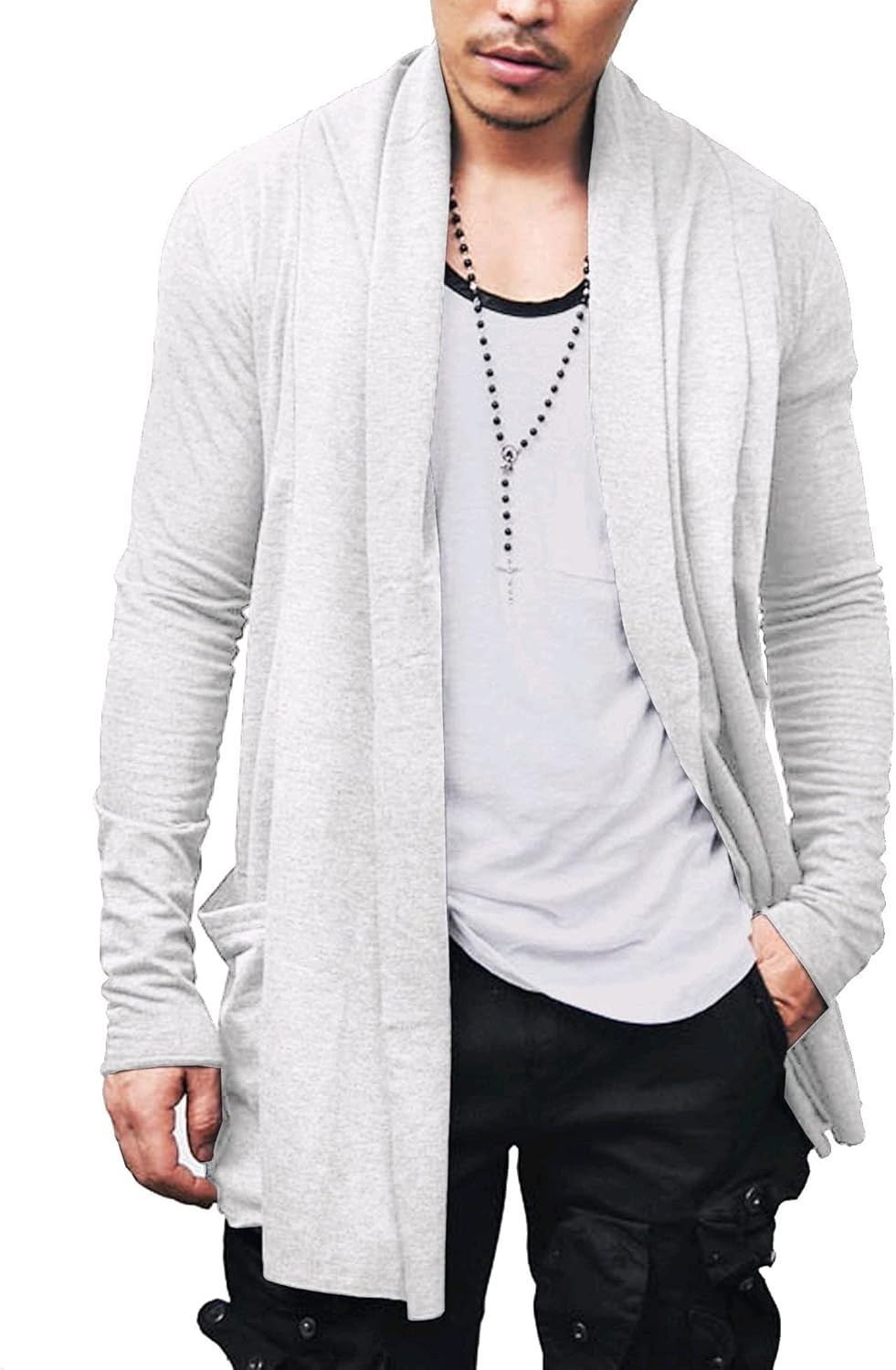 Men’s Lightweight Open Front Cardigan Longline Drape Sweater with Pockets Shawl