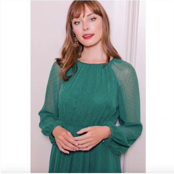 GAL MEETS GLAM Georgette Tiered Maxi Dress in Holly Green 16 Sheer Flowy Women