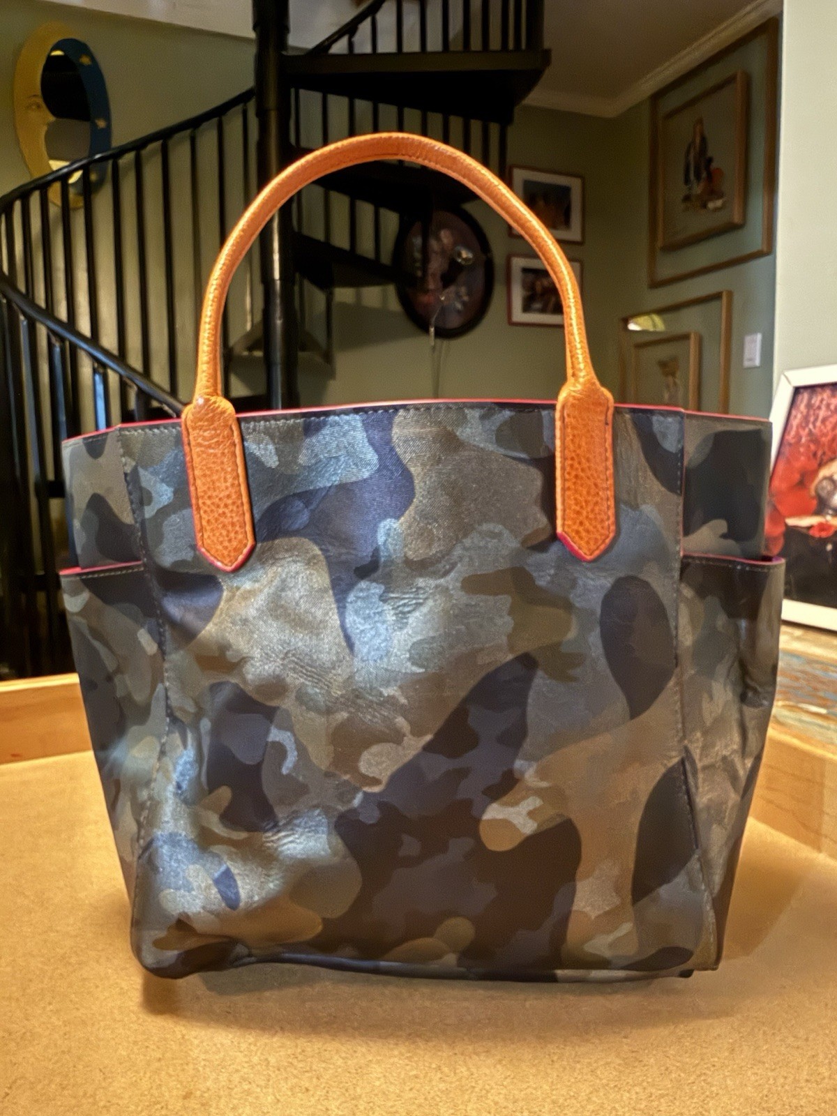 B.MAY Camo/Pink Small Tote Handbag, Magnetic Zip, Inner/Outer Pockets