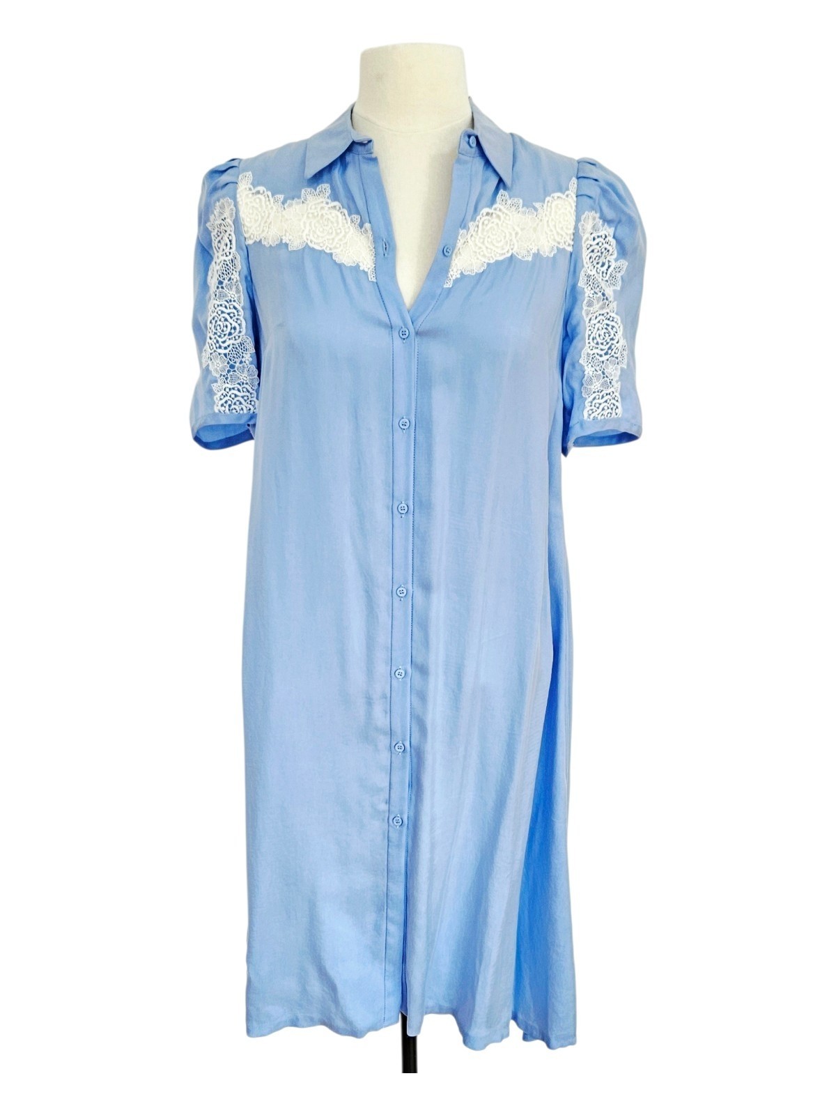 SANDRO PARIS Slade Lace-Inset Button-Down Duster Dress Sky Blue Sz FR 34 XS SM