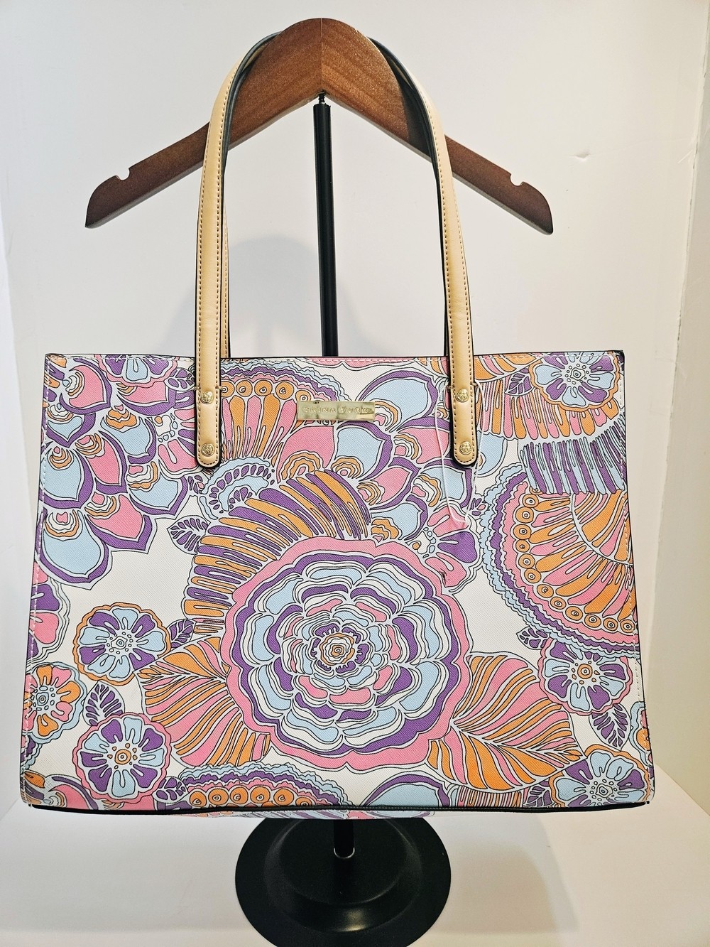 NWT Trina Turk Multicolor Floral Print Faux Leather Tote Bag Shoulder Handbag