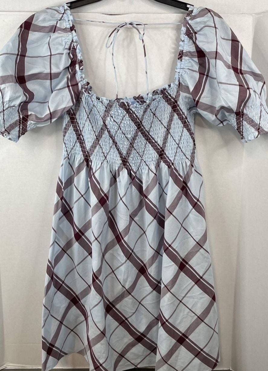 Hill House Home Smocked Puff Sleeve Mini Dress in Blue & Burgundy Plaid