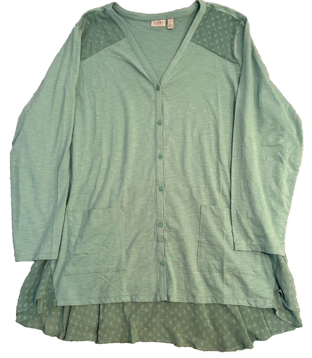 LOGO Lori Goldstein Plus 3X Green Knit Cardigan Clip Dot Trim A689378 NWOT