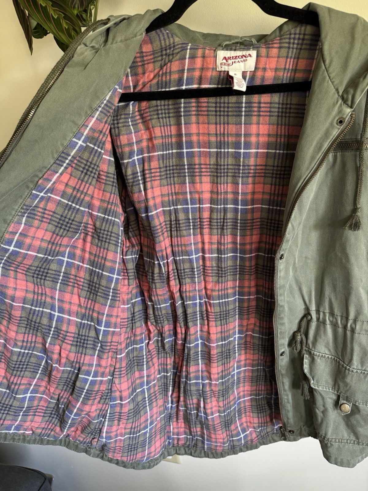 Arizona Jean Co Olive Green Utility Field Jacket Plaid Flannel Lined Size XL