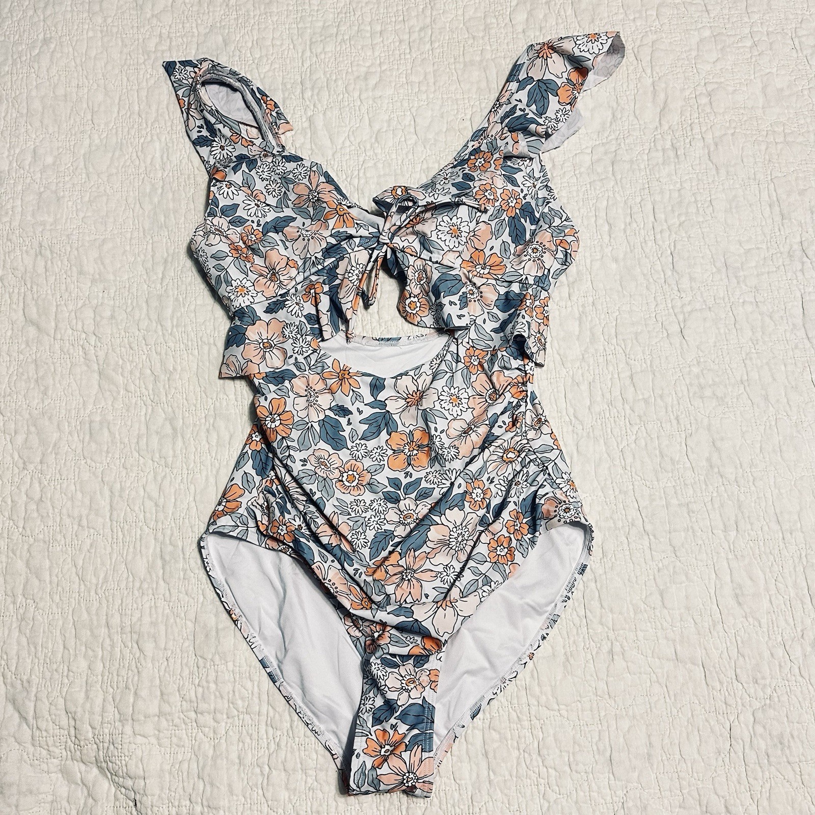 NEW Eomenie Sz Medium 1 Piece Swimsuit Blue White Orange Ruffle Cutout Tie Beach