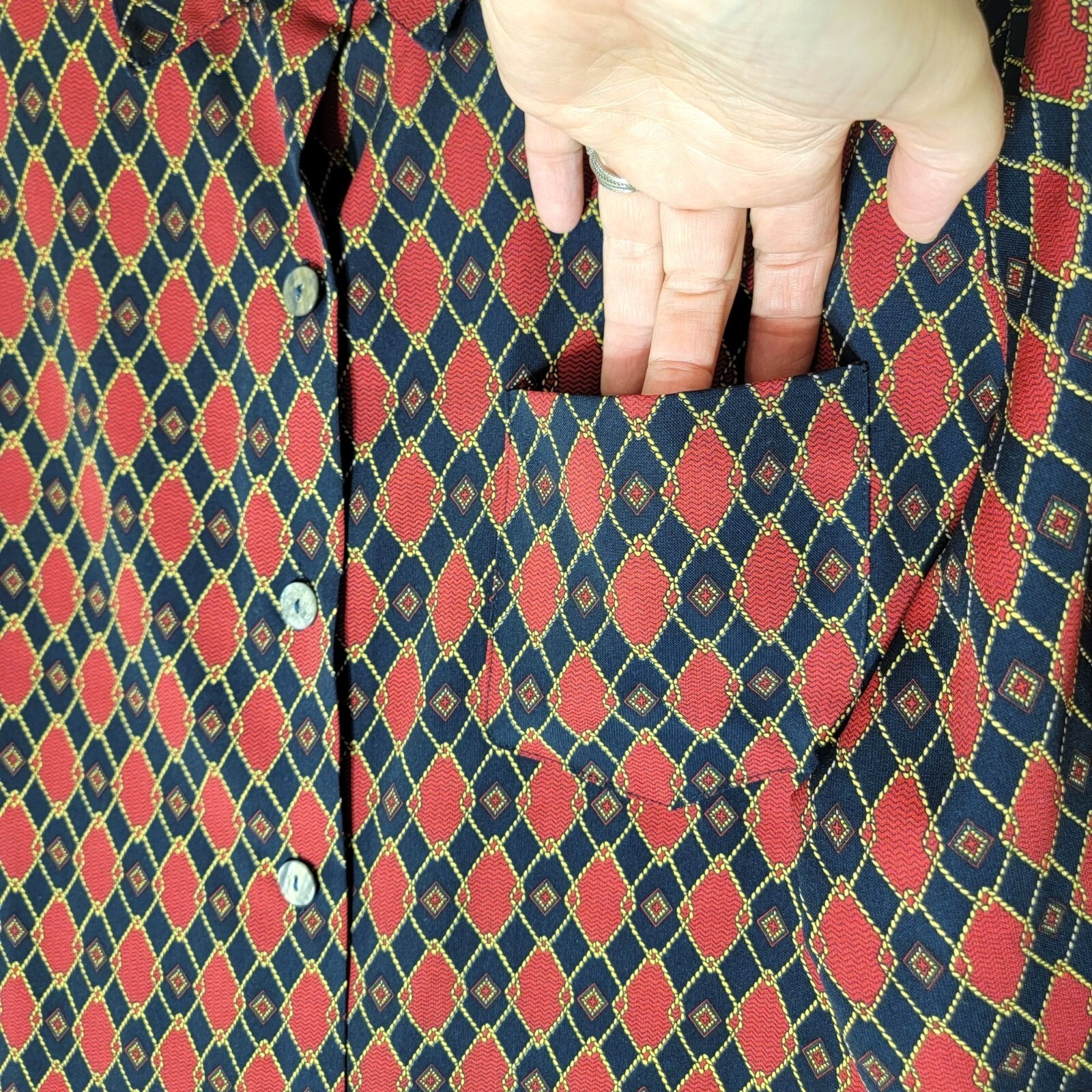 Vtg Secretary Blouse Womens 1X Chain Print Buttons Padded Retro Office Mature