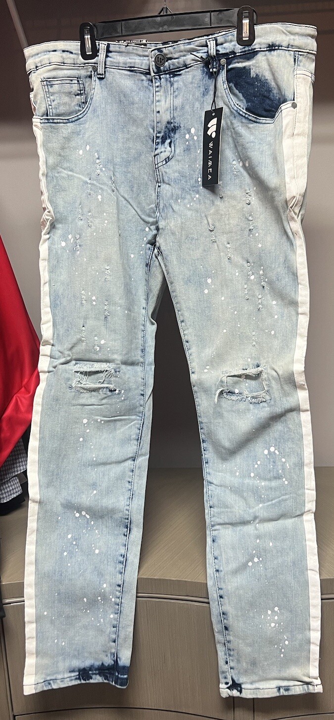 WAIMEA Lt. Blue Distressed Lycra Stretch Jeans Men Skinny Fit 40×32 “New-W-Tags”
