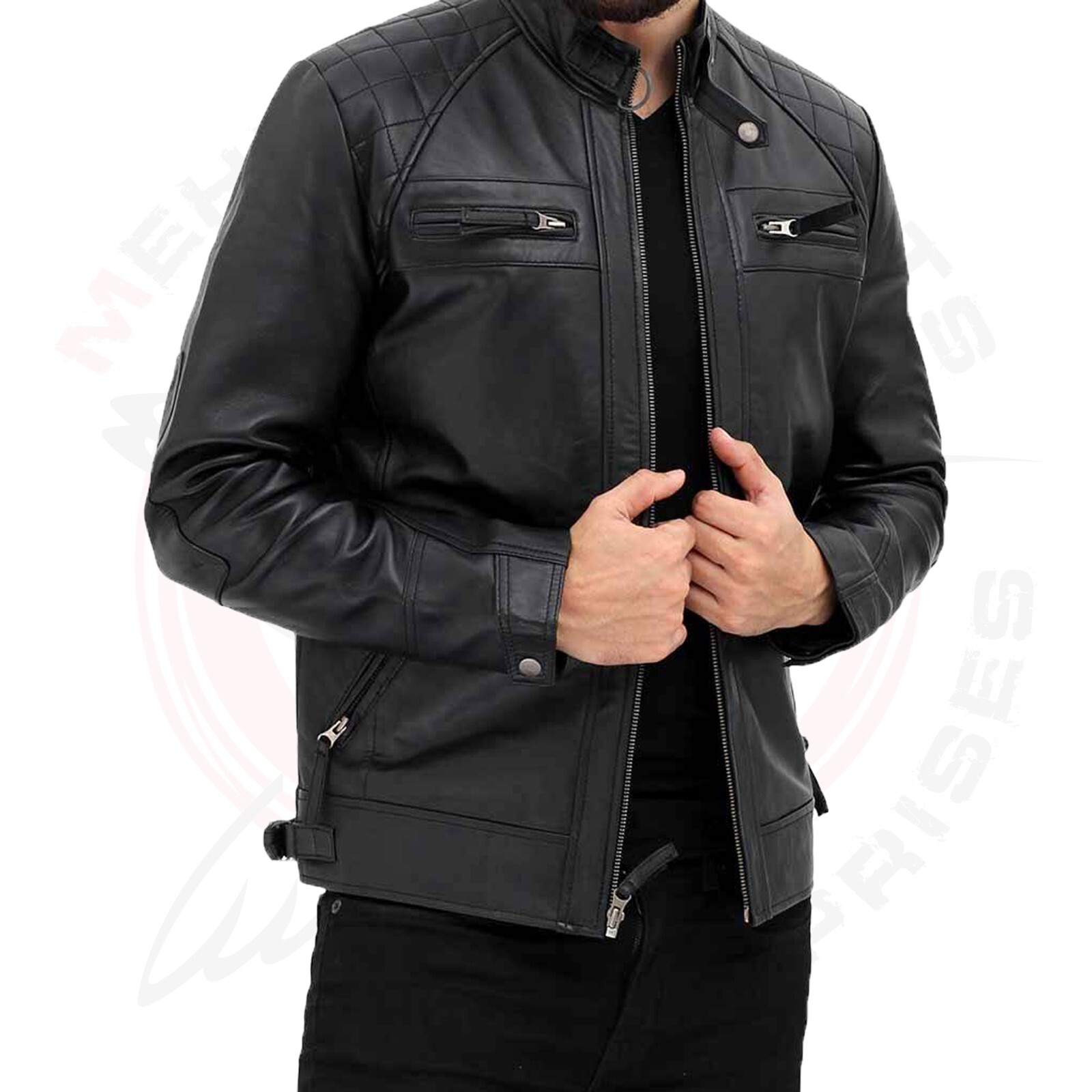 CAFE RACER BIKER BLACK/BROWN LEATHER JACKET MEN’S GENUINE SHEEP LEATHER