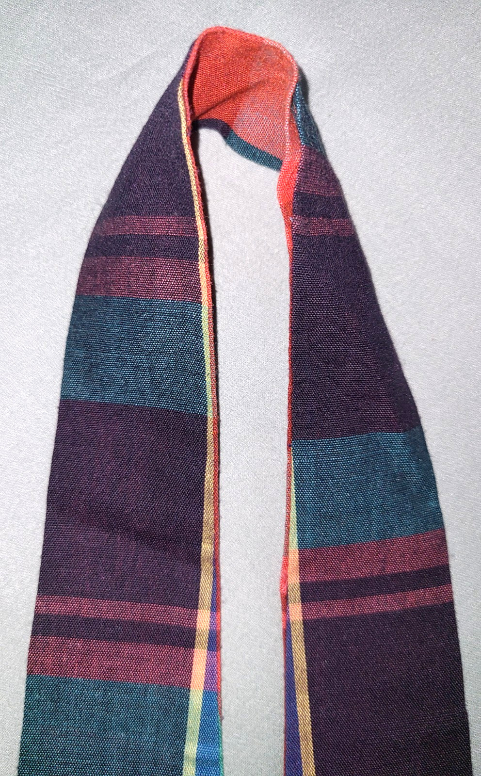 Vtg cotton Madras plaid multicolor reversible tie, red blue purple green