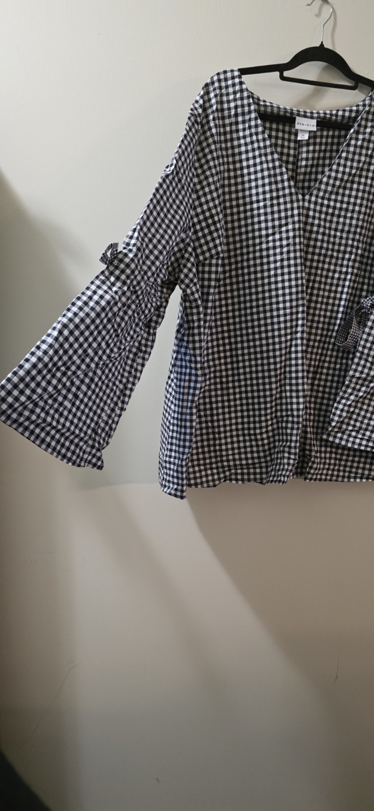Ava & Viv Black White Gingham Check V Neck Tie bell Sleeve Blouse 4X #A50