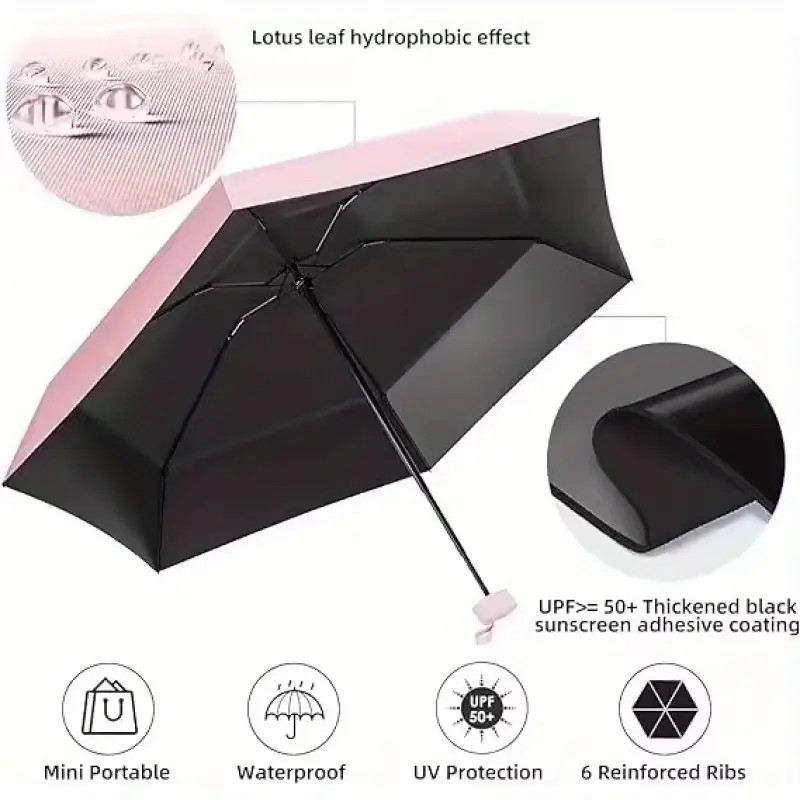Portable Rain Umbrella Pocket Compact Mini Umbrella 6 Fold Sun Umbrella US