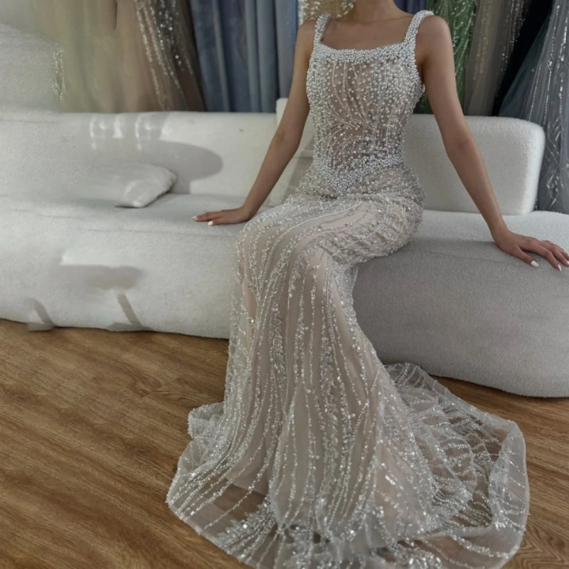 Elegant Square Pearl Shoulder Strap Evening Dresses Lace Mermaid Prom Gowns