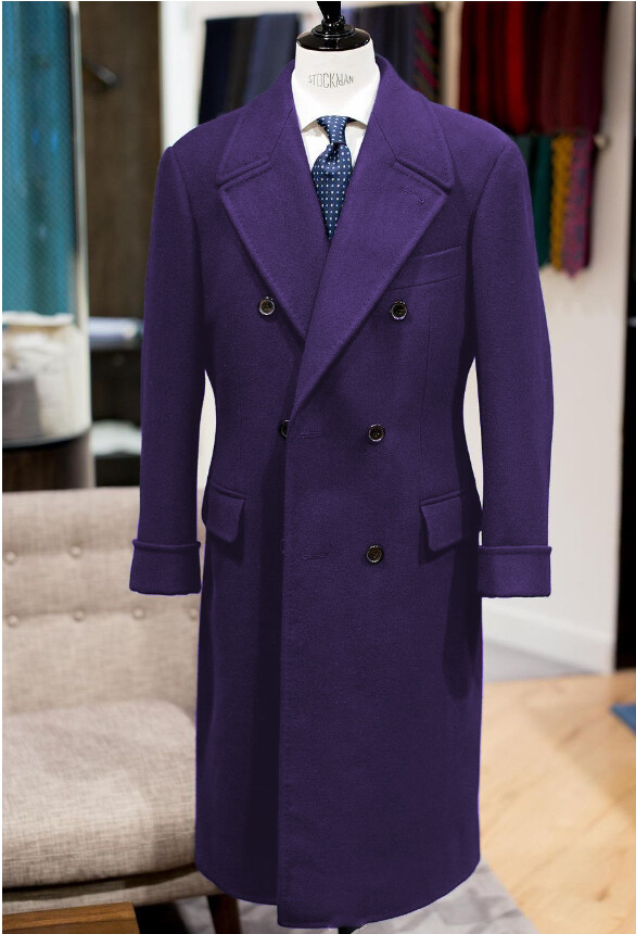 Wool Men’s Long Overcoat Double Breasted Peak Lapel Formal Business Outdoor Coat