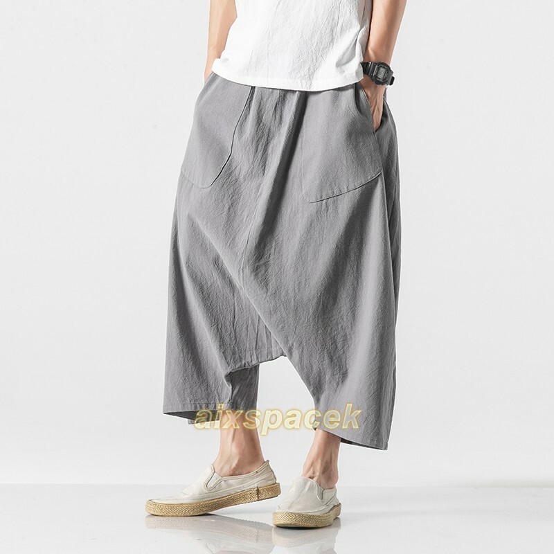 Summer Men’s Cotton Linen Drop Crotch Baggy Big Fork Pants Trouser Chinese