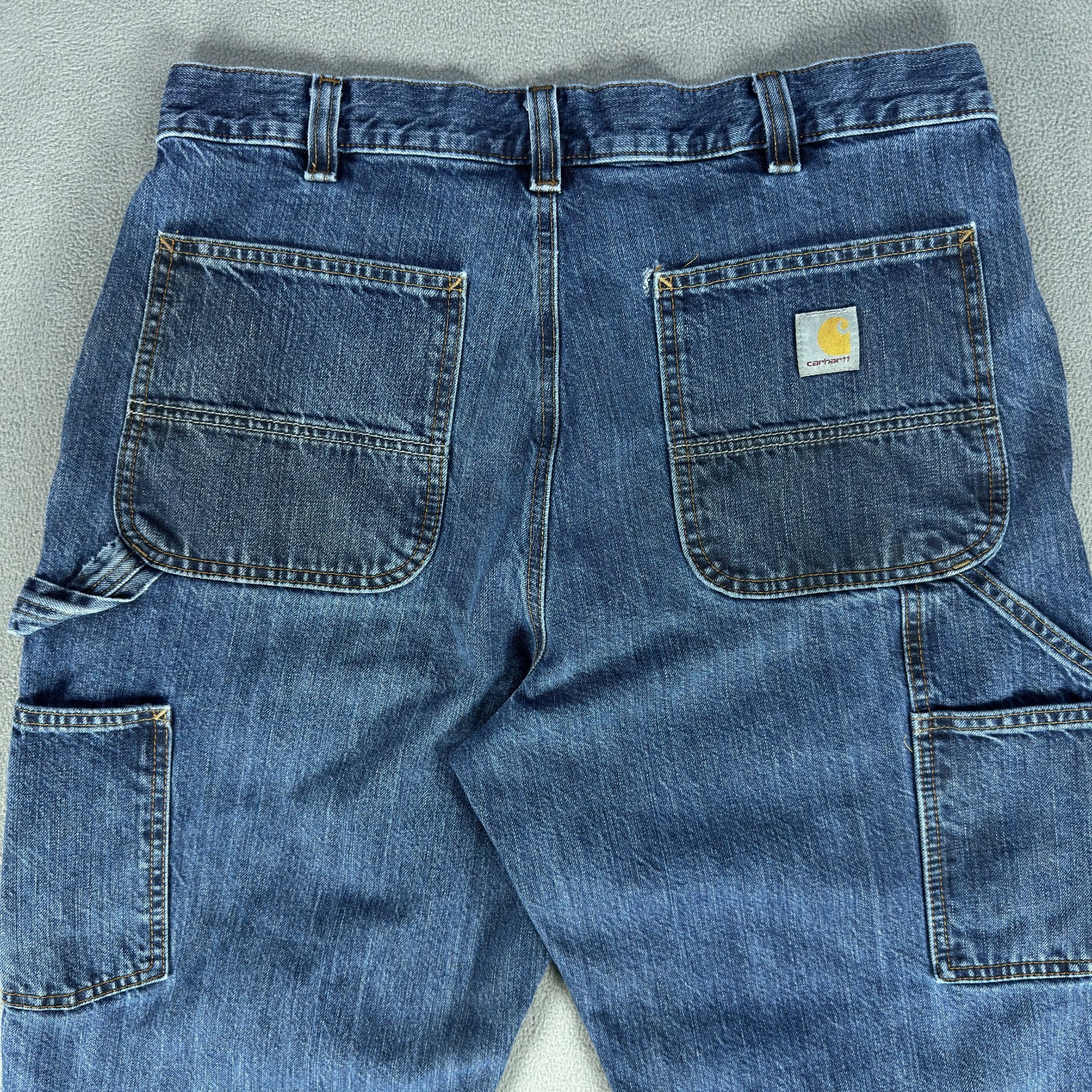 Carhartt Jeans 34×32 Blue Distressed Faded Stain Double Knee Dungaree Loose