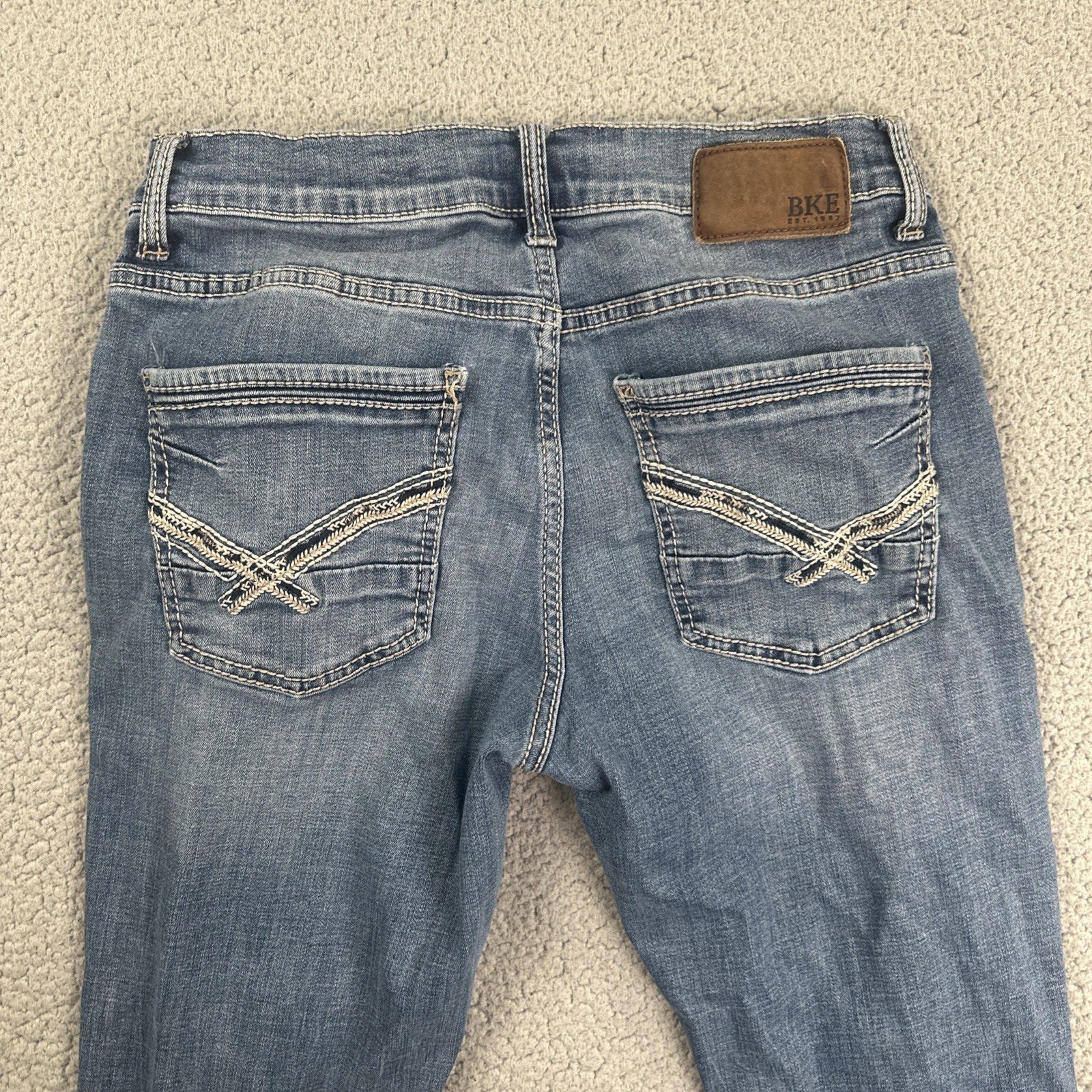 BKE Buckle Alec Slim Straight Jeans Men 32×32 Blue Stretch Whiskered Distressed