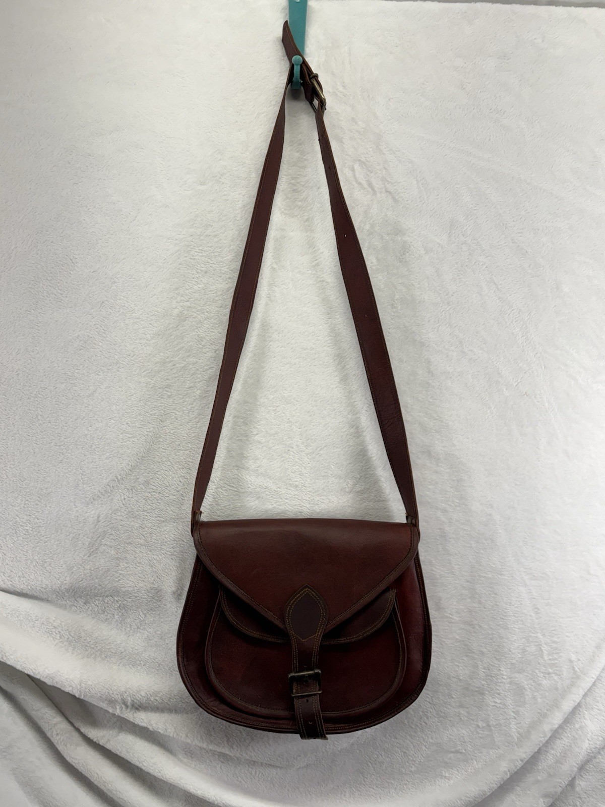 Brown Leather Solid Crossbody Saddle Bag Brass Hardware Buckle/Snap Green Lined