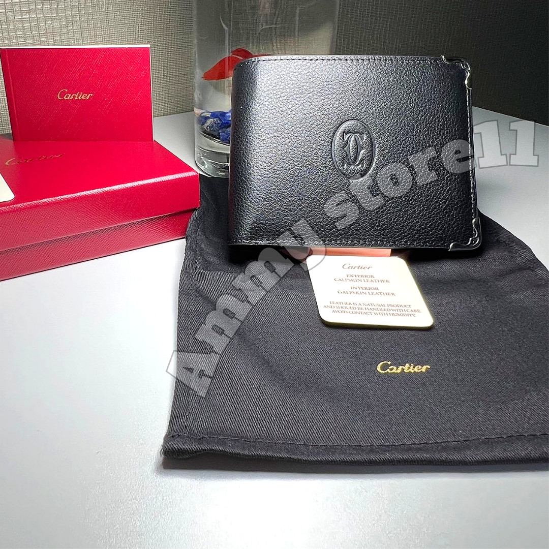 CARTIER Black Leather Bifold Wallet Palladium Corner Hardware Men’s Rare