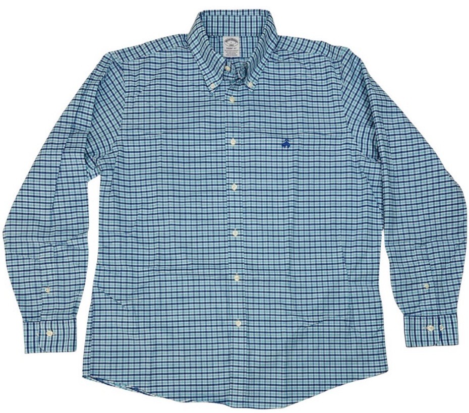 BROOKS BROTHERS Regent Fit Blue Aqua Plaid Non-Iron Stretch Shirt L Cotton