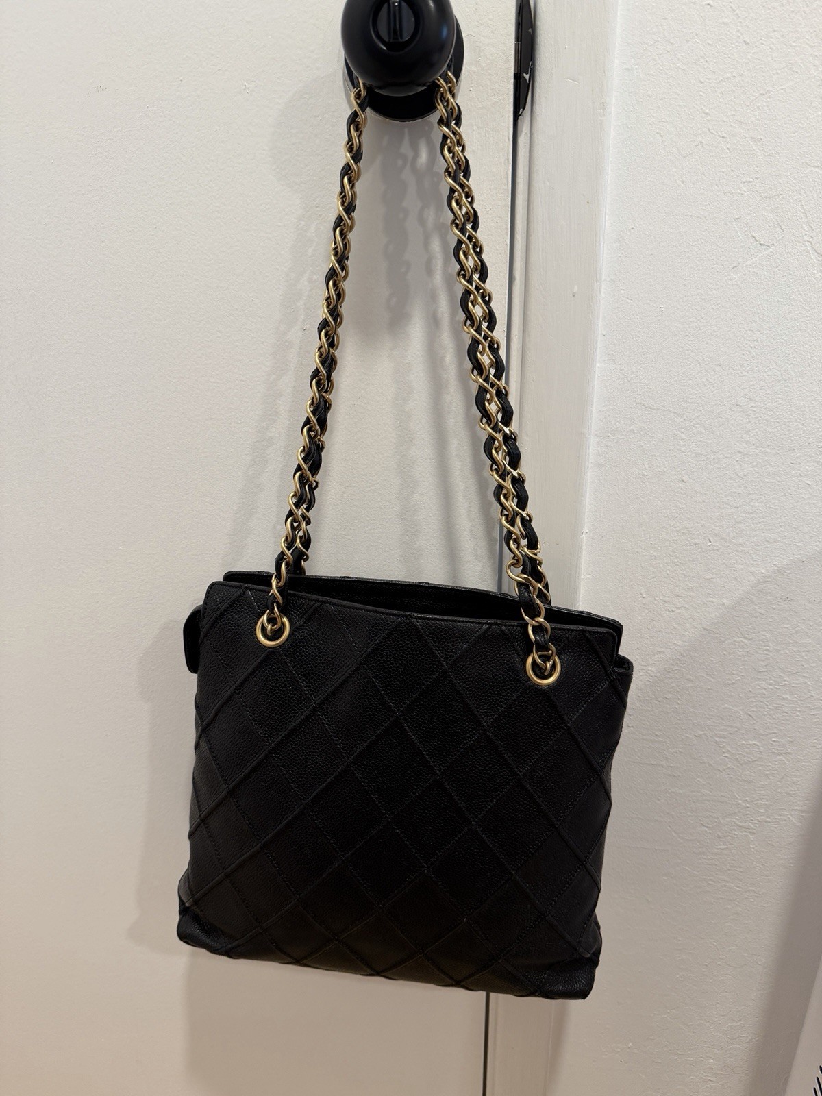 Authentic CHANEL Caviar Diamond Embossed Shoulder Bag Black