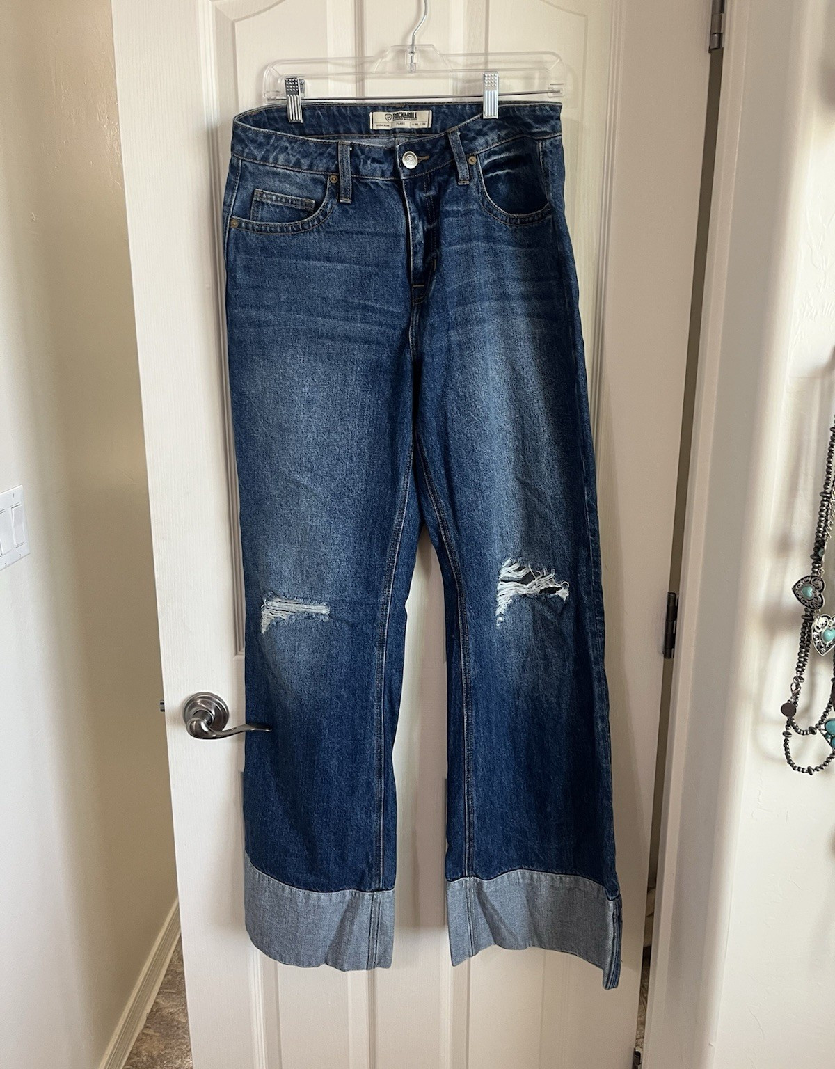 Rock & Roll Denim Women’s Blue Distressed High Rise Flare Jeans 5-Pocket Cuffed