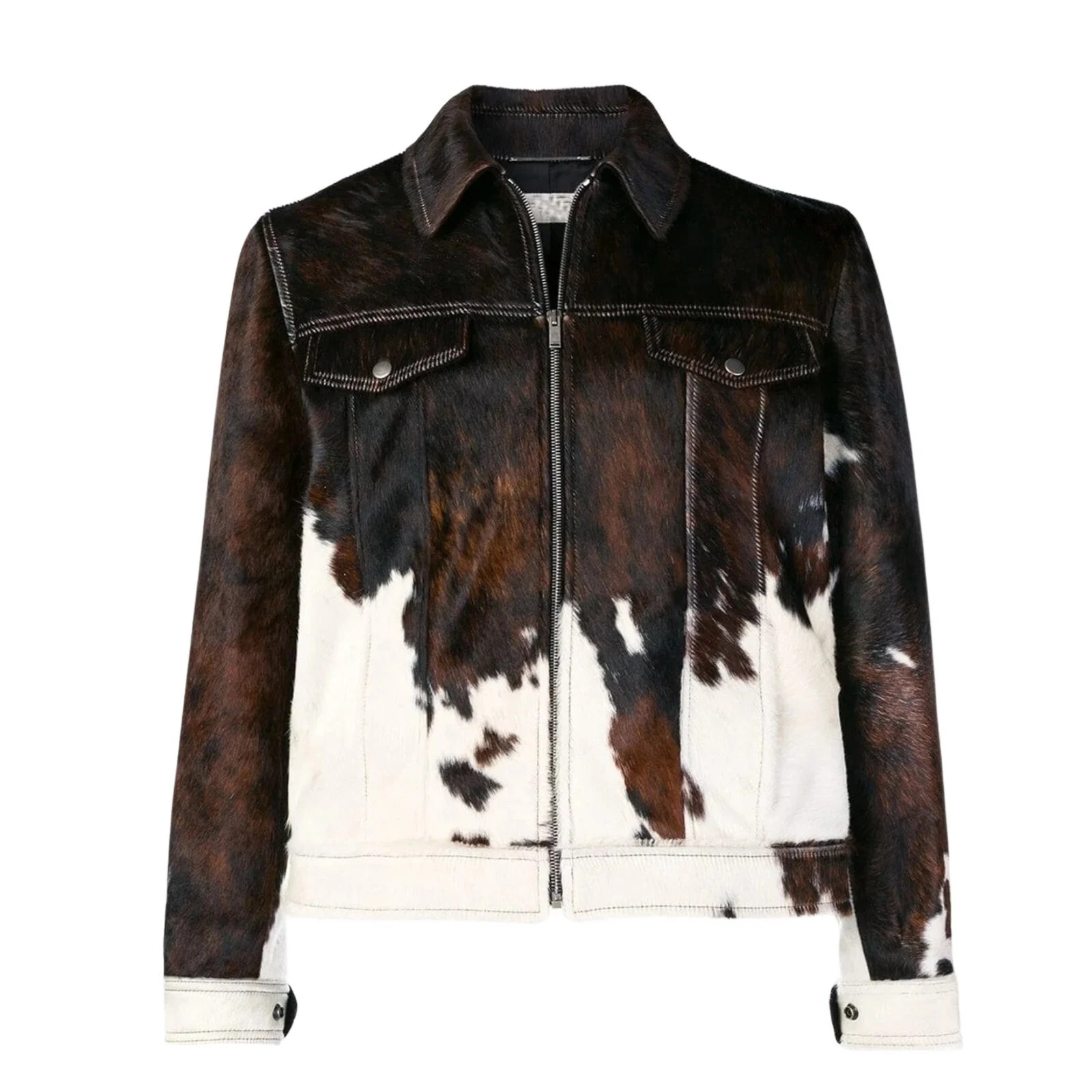 Men’s Cowhide Hair-On Jacket Real Pony Skin Natural Brown and White Hide Jacket
