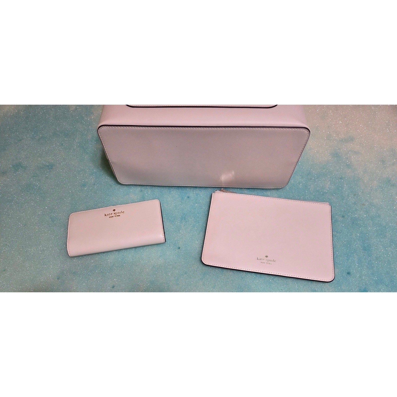 Kate Spade Staci Tote Set Meringue Cream Saffiano Leather Bag Pouch Wallet KF369