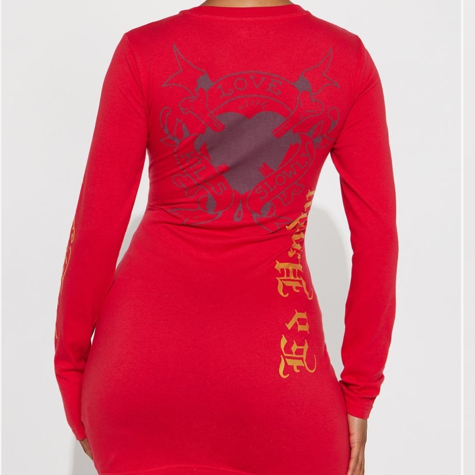 Ed Hardy Red Long Sleeve Skull Graphic Mini T-Shirt Dress Women L