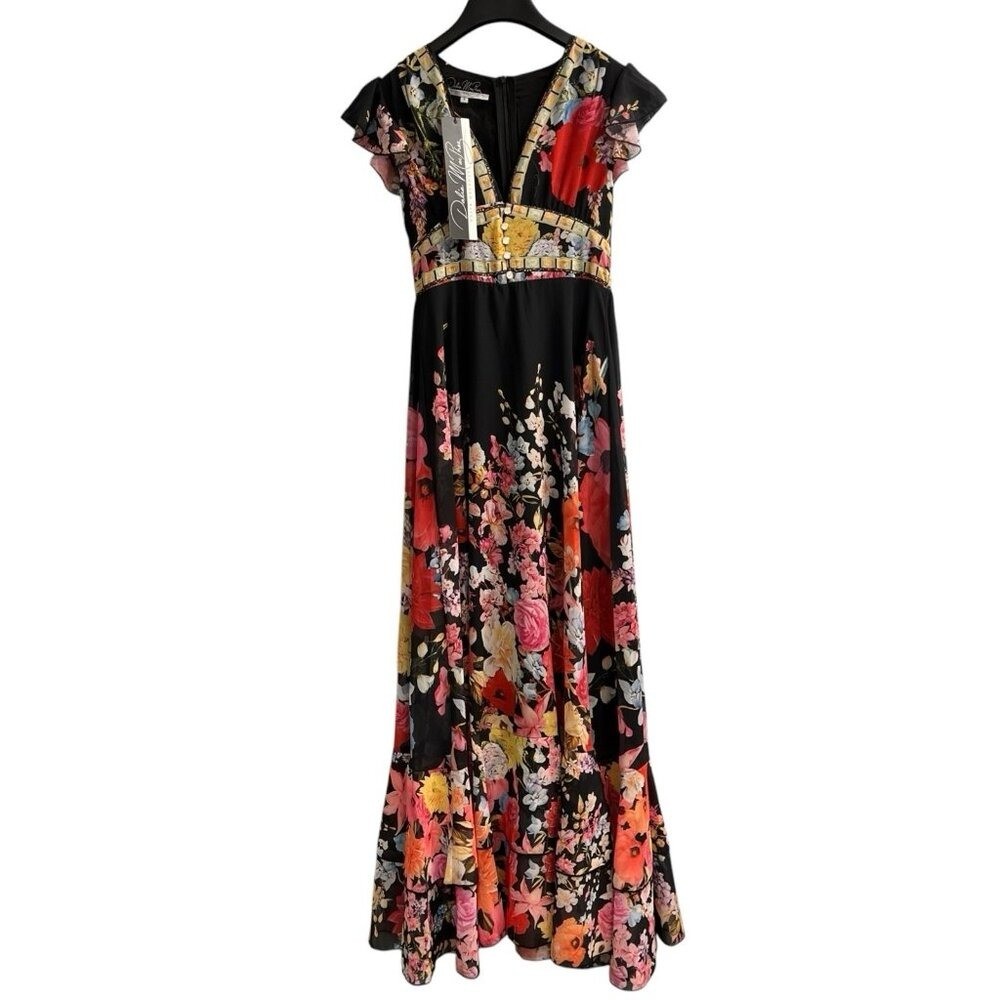 Dalia MacPhee Dress Black Chiffon Bright Floral Tiered Maxi Size S Flowy Event