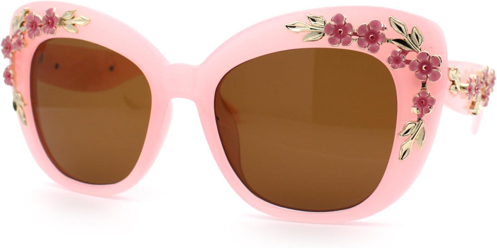 SA106 Womens Metal Flower Foliage Jewel Brow Trim Oversize Cat Eye Sunglasses